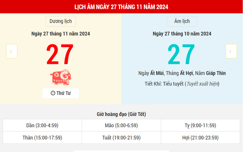 Ngày 27 tháng 11 năm 2024 là ngày tốt hay xấu? Lịch vạn niên ngày 27/11/2024, ngày 27/10 âm lịch Giáp Thìn Minh Đường Hoàng Đạo