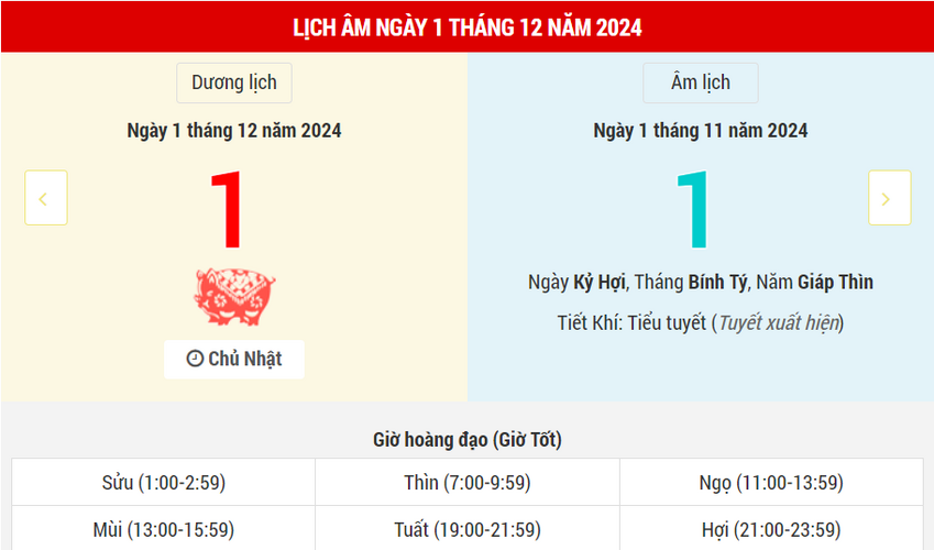 Ngày 1 tháng 12 năm 2024 là ngày tốt hay xấu? Lịch vạn niên ngày 1/12/2024, ngày 1/11 âm lịch Giáp Thìn Chu Tước Hắc Đạo