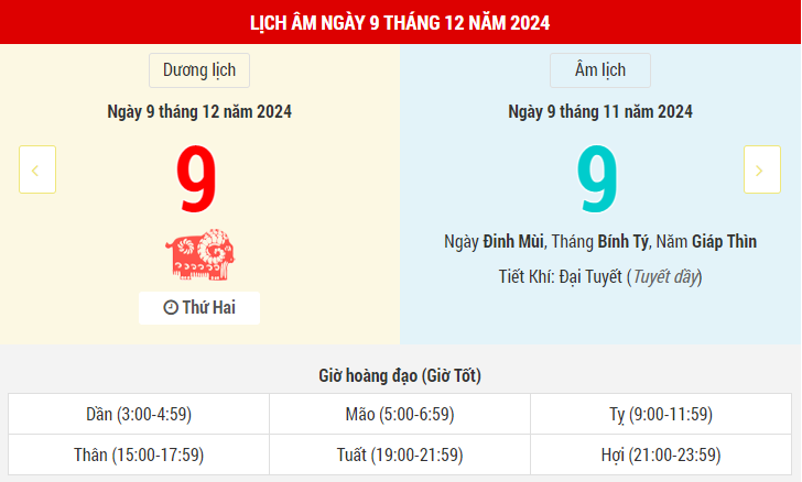 Ngày 9 tháng 12 năm 2024 là ngày tốt hay xấu? Lịch vạn niên ngày 9/12/2024, ngày 9/11 âm lịch Giáp Thìn Câu Trần Hắc Đạo