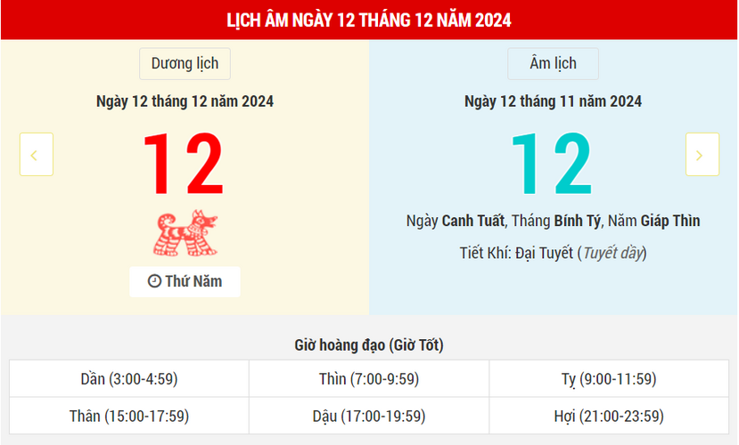 Ngày 12 tháng 12 năm 2024 là ngày tốt hay xấu? Lịch vạn niên ngày 12/12/2024, ngày 12/11 âm lịch Giáp Thìn Thiên Hình Hắc Đạo