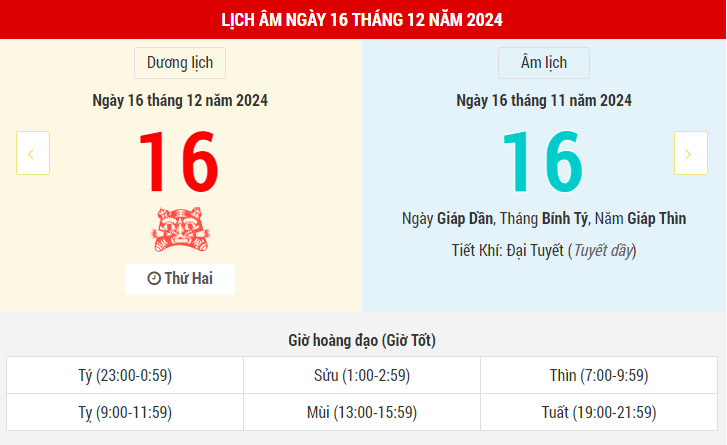 Ngày 16 tháng 12 năm 2024 là ngày tốt hay xấu? Lịch vạn niên ngày 16/12/2024, ngày rằm 16/11 âm lịch Giáp Thìn Bạch Hổ Hắc Đạo, việc gì cũng xấu