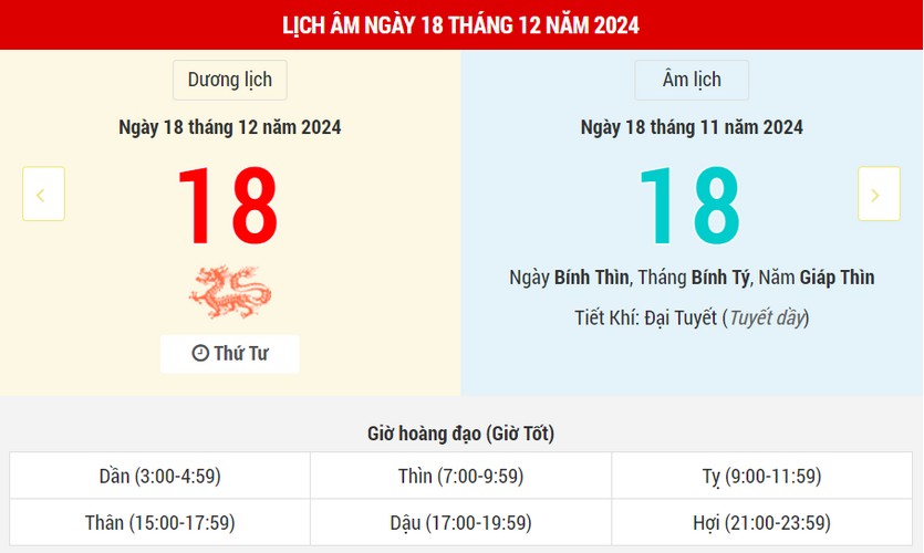 Ngày 18 tháng 12 năm 2024 là ngày tốt hay xấu? Lịch vạn niên ngày 18/12/2024, ngày rằm 18/11 âm lịch Giáp Thìn Thiên Lao Hắc Đạo, xuất hành tốt