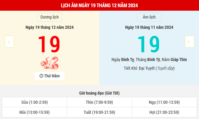 Ngày 19 tháng 12 năm 2024 là ngày tốt hay xấu? Lịch vạn niên ngày 19/12/2024, ngày rằm 19/11 âm lịch Giáp Thìn Nguyên Vũ Hắc Đạo, buôn bán may mắn
