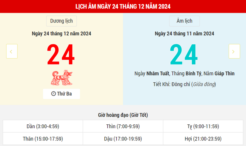 Ngày 24 tháng 12 năm 2024 là ngày tốt hay xấu? Lịch vạn niên ngày 24/12/2024, ngày 24/11 âm lịch Giáp Thìn, Thiên Hình Hắc Đạo, kị chôn cất