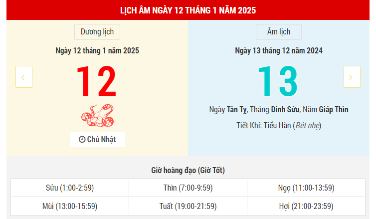 Ngày 12 tháng 1 năm 2025 là ngày tốt hay xấu? Lịch vạn niên ngày 12/1/2025, ngày 13/12 âm lịch Giáp Thìn, Ngọc Đường Hoàng Đạo, xuất hành xấu